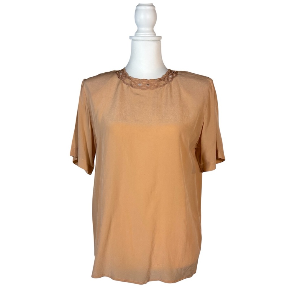 90s Peach 100% Silk Blouse Women's S Embroidered Crew Neck Short Sleeve Chic